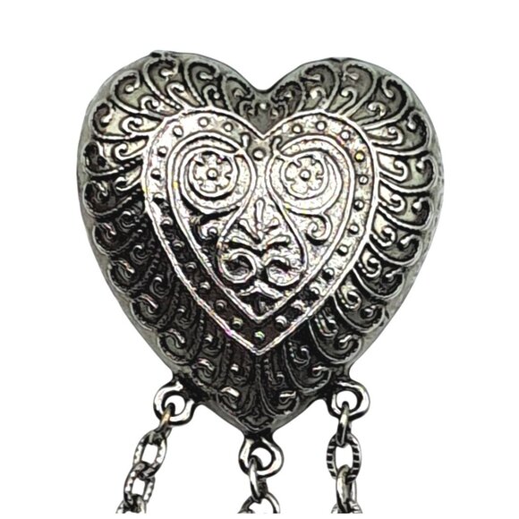 Heart Dangle Brooch Blue Rhinestones Silver Tone Chatelaine Style Pin Costume Je - Picture 2 of 9